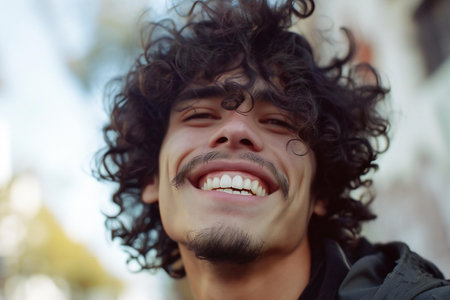 Portrait of a handsome young man with curly hair, smiling.の素材