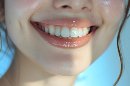 Close-up of a smiling young woman with healthy teeth. Dental concept.の素材