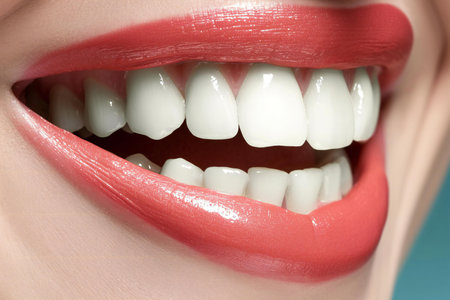 Closeup of female mouth with white teeth and red lips. Dentistry conceptの素材