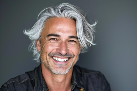 Handsome middle-aged man with grey hair smiling at the cameraの素材