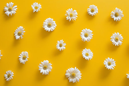 White daisies on yellow background. Flat lay, top viewの素材