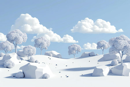 Winter landscape with snow covered trees and blue sky.の素材
