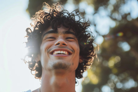 Portrait of smiling man with curly hair in park on a sunny dayの素材