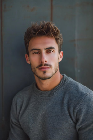 Portrait of handsome young man in grey sweater against rusty metal wallの素材