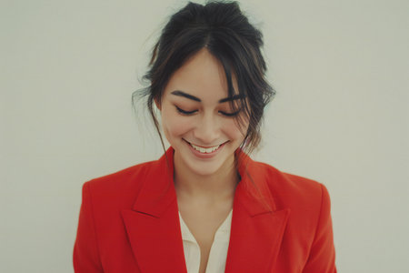 Portrait of a beautiful businesswoman in a red suit smiling.の素材