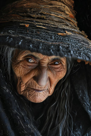 Old woman in black hat with long dark hair, closeup portraitの素材