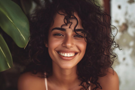 Portrait of a beautiful young woman with curly hair smiling and looking at cameraの素材