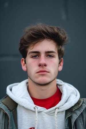 Portrait of a young man on a gray background. The guy looks at the camera.の素材