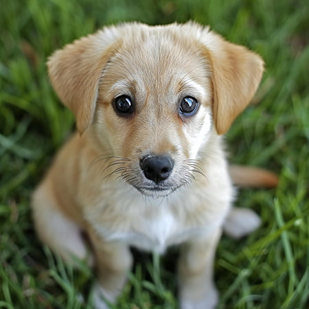 Cute puppy on green grass. Selective focus on eyes.の素材