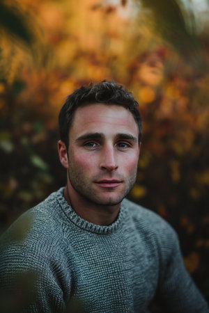 Portrait of a handsome young man in an autumn park. Outdoor.の素材