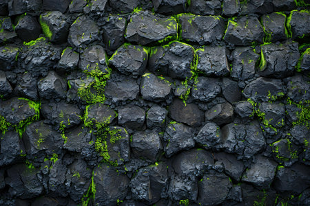 Lava wall texture with green moss. Background and texture for design.の素材