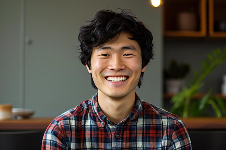 Portrait of a happy young asian man smiling at the cameraの素材
