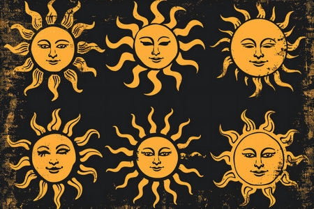 Set of suns in grunge style on black background.の素材