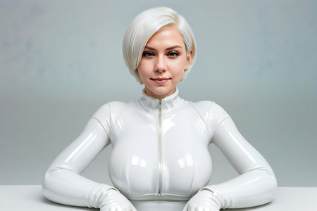 portrait of a beautiful blonde woman in a white latex suit on a gray backgroundの素材