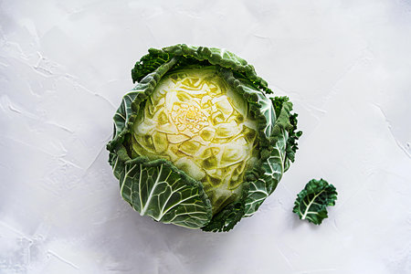 Cabbage on a white background, top view, flat lay.の素材