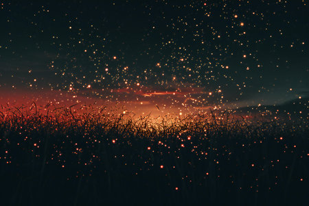 Night sky with stars and grass. Nature background. Vintage style.の素材