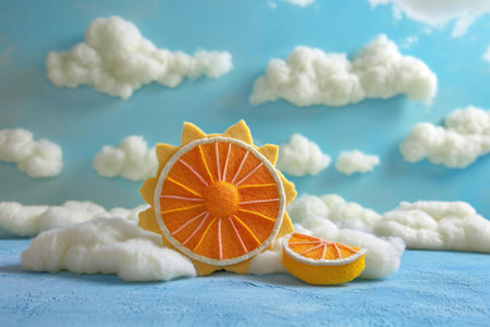 Slices of citrus fruit in the form of a sun on a blue backgroundの素材