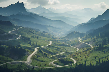 Beautiful mountain landscape with winding road in the highlands of Switzerlandの素材