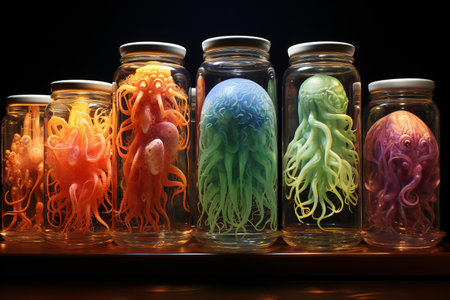 colorful jellyfish in a glass jar on a dark background.の素材