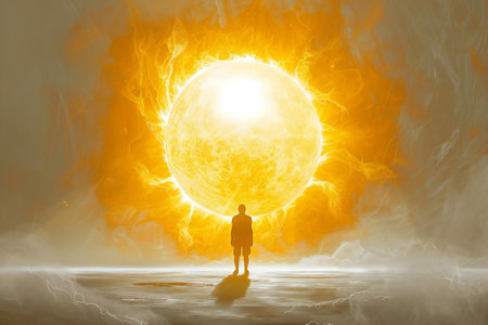 Man standing in front of big sun with smoke and fire on backgroundの素材