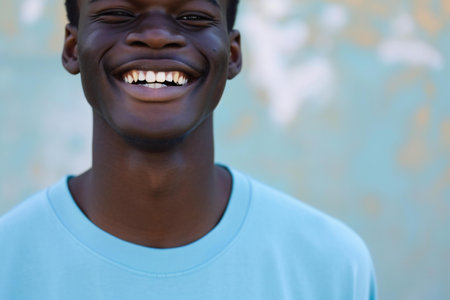 Close up portrait of a young african american man smiling outdoorsの素材