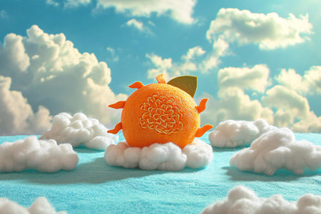 Orange on a blue background with clouds.の素材