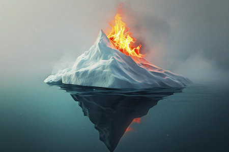 Iceberg with fire and smoke. Global warming conceptの素材