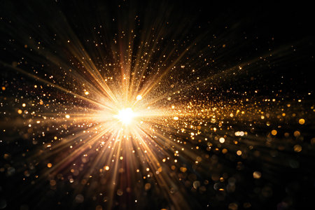 abstract gold bokeh background with light rays and lens flareの素材