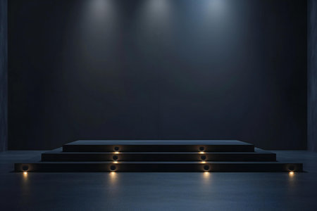 Podium illuminated with spotlights in empty room.の素材