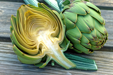 Fresh artichokes on a wooden background. Close-up.の素材