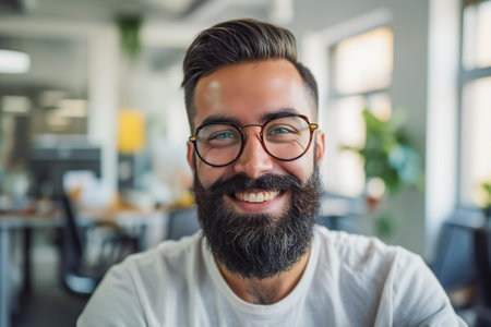 Portrait of smiling hipster in eyeglasses at desk in officeの素材