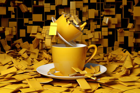 yellow coffee cup with golden cubes on black backgroundの素材