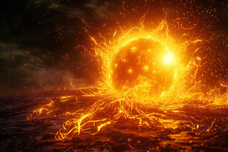 Fiery sun in the night sky.の素材