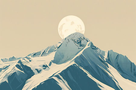 mountain peak with snow and moon in the sky, retro styleの素材