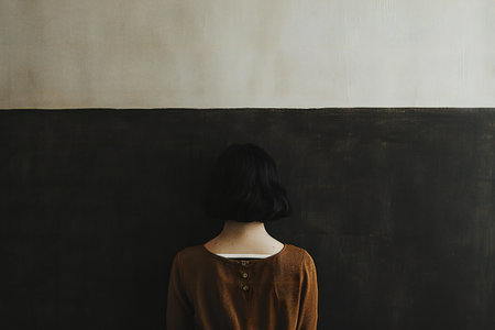 Back view of Asian woman standing in front of a black wall.の素材