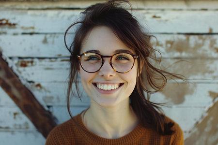Portrait of a smiling young woman with glasses in front of a wooden wallの素材