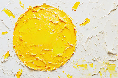Painting close-up of a yellow sun on a white backgroundの素材