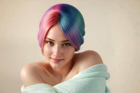 Beautiful young woman with multicolored hair in a turbanの素材