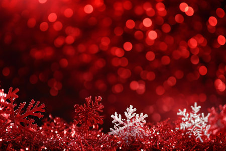 Red christmas background with bokeh lights and snowflakesの素材