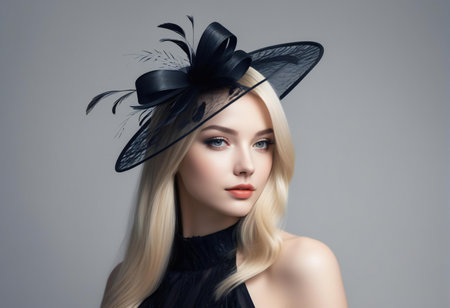 Portrait of a beautiful blonde girl in a hat with a black bow.の素材