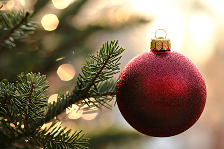 Christmas tree with red ball on bokeh background, closeupの素材