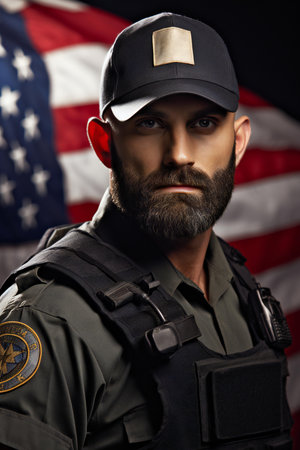 Portrait of an American police officer on the background of the American flag.の素材