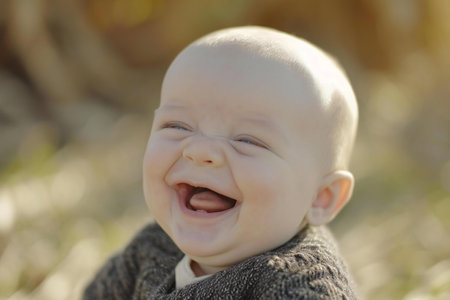 Portrait of a happy baby in the park. Shallow depth of field.の素材