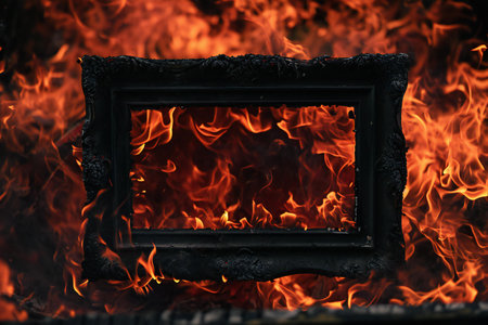 Burning fireplace with frame on dark background, closeup. Space for textの素材