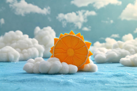 Orange fruit with clouds on blue background. Concept of summer vacation.の素材