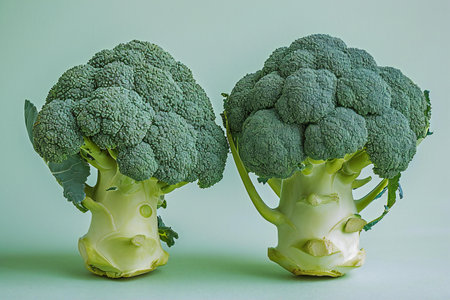 Two fresh green broccoli on a green background. Close-up.の素材