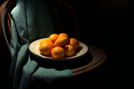 Ripe tangerines in a plate on a dark background.の素材
