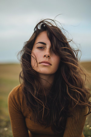 Portrait of a beautiful brunette girl with long hair in the fieldの素材