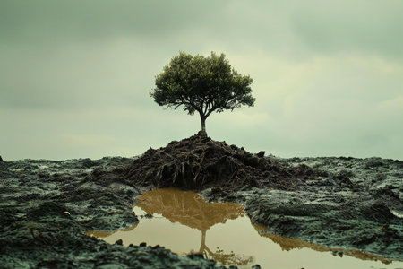 Lonely tree on the rock with puddles of waterの素材