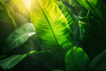 Green leaf of banana plant with sunlight in the morning. Natural background.の素材